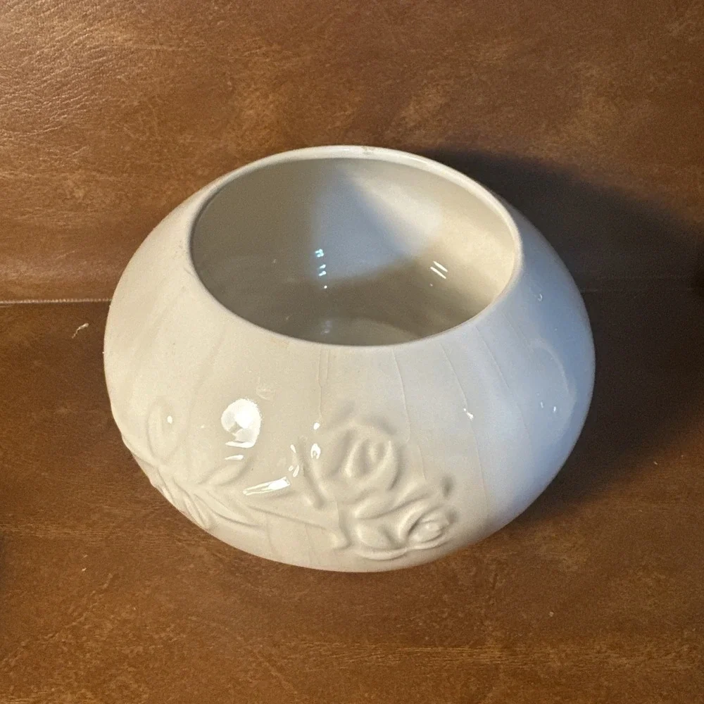 Vintage White Porcelain Embossed Flowers Bowl Vase Portugal 4.5X7